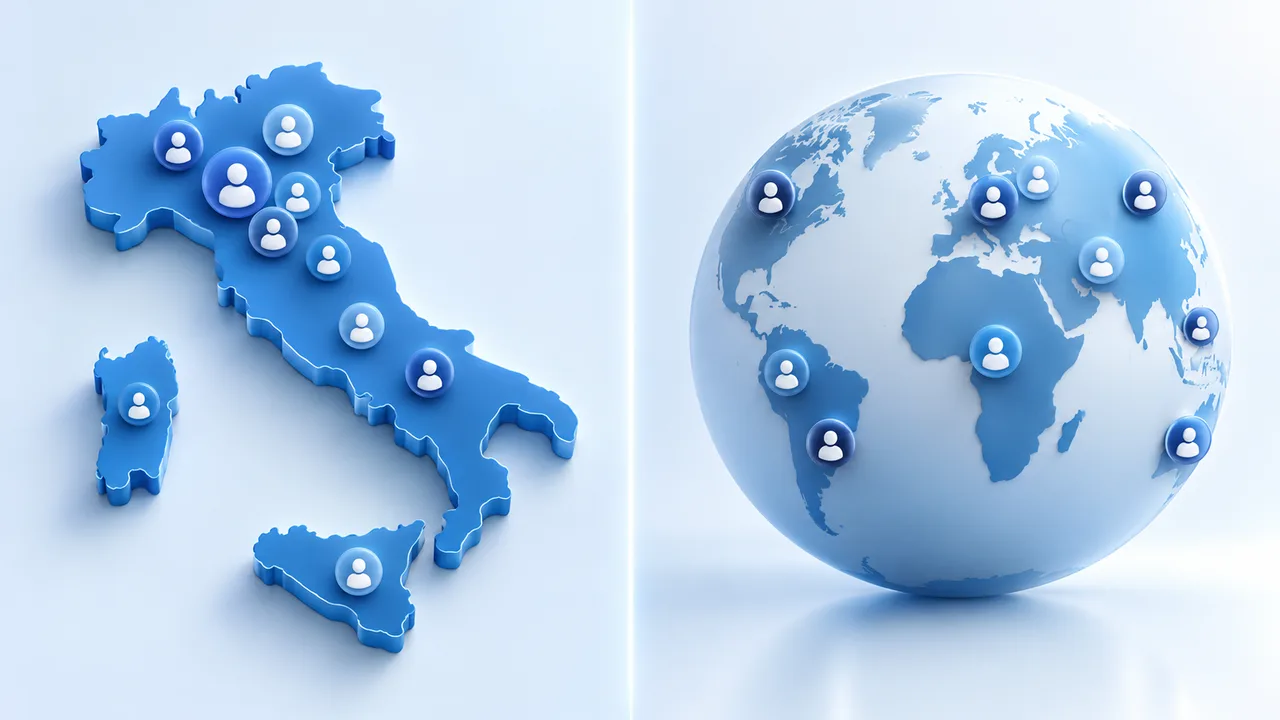 Mappa dell’Italia e globo con avatar: differenza tra follower Instagram italiani e internazionali