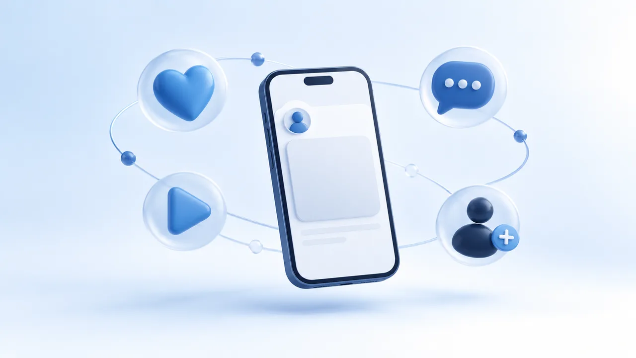 Post Instagram con icone di like, commenti, visualizzazioni e nuovi follower collegati tra loro