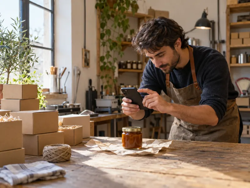 Persona che controlla il telefono in un laboratorio artigianale