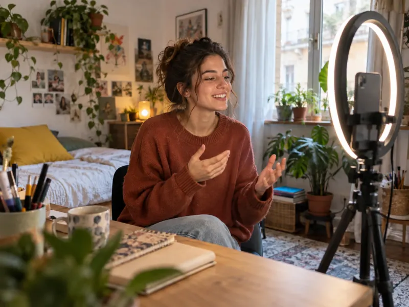 Creator che registra un video con lo smartphone e una ring light