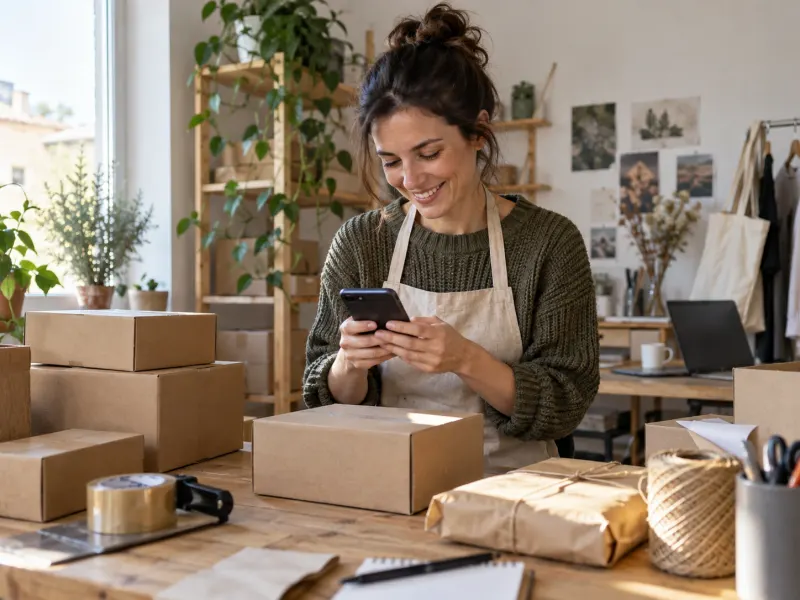 Persona che controlla il telefono tra scatole da spedire