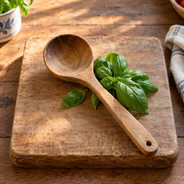 Foto profilo di cucina con cucchiaio e basilico, prima dell’aggiunta