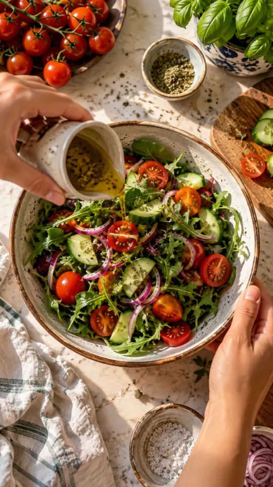 Insalata condita con olio in un Reel, prima dell’aumento delle visualizzazioni