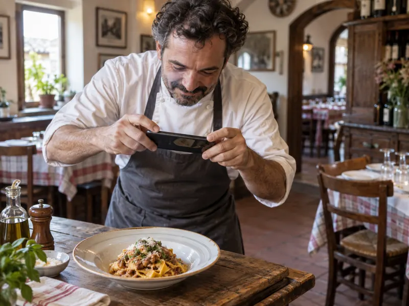 Persona che fotografa un piatto di pasta al ristorante